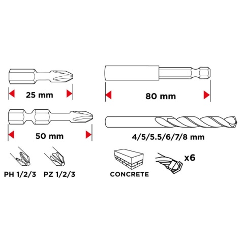 Zestaw Wierteł i Bitów, 20szt. Wiertła do Betonu Bity Ph Pz GRAPHITE 56H611