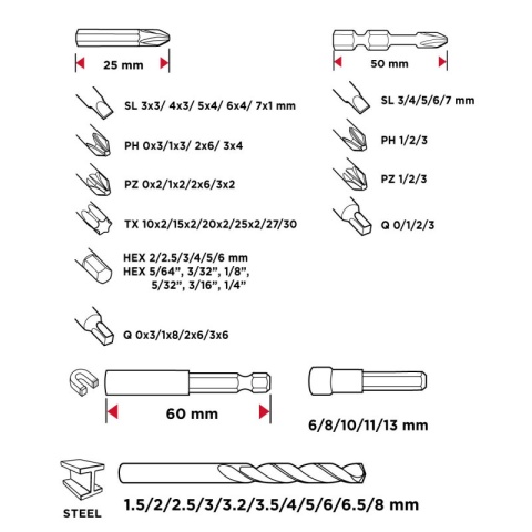 Zestaw wierteł i bitów nasadek do metalu 120 elementów do wkrętarki GRAPHITE 56H623