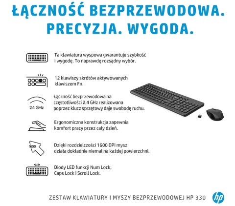 Bezprzewodowa klawiatura i mysz HP 330 czarna pełnowymiarowa z blokiem numerycznym 2V9E6AA (duży enter)