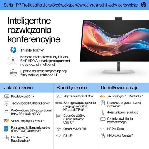 Monitor HP Series 7 Pro 727pm 4K UHD 27 cali IPS Black 3840x2160 HDMI DisplayPort Thunderbolt USB-C VESA pivot kamerka 8K135AA