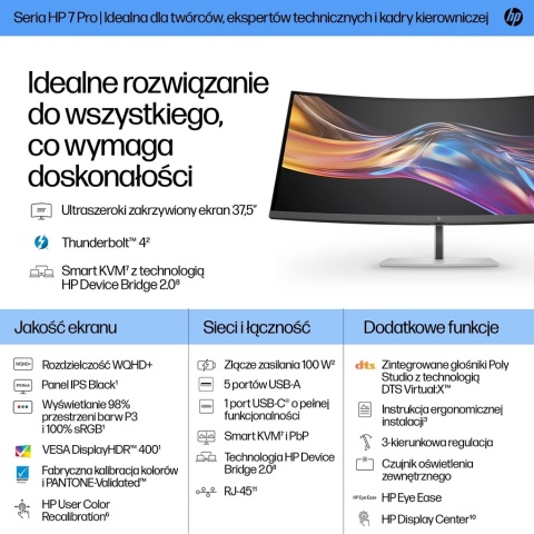 Monitor zakrzywiony HP Series 7 Pro 738pu WQHD+ 37.5 cala IPS Black 3840x1600 HDMI DisplayPort Thunderbolt USB-C VESA 8K167AA