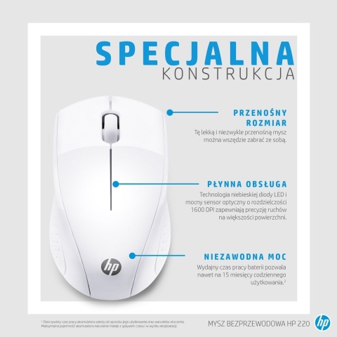 Mysz bezprzewodowa HP 220 Wireless Mouse biała odbiornik USB 2.4GHz 7KX12AA