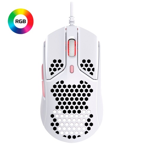 Mysz przewodowa gamingowa HyperX Pulsefire Haste biało-różowa kabel USB 1.8 m uniwersalny profil, do 16000 DPI 4P5E4AA