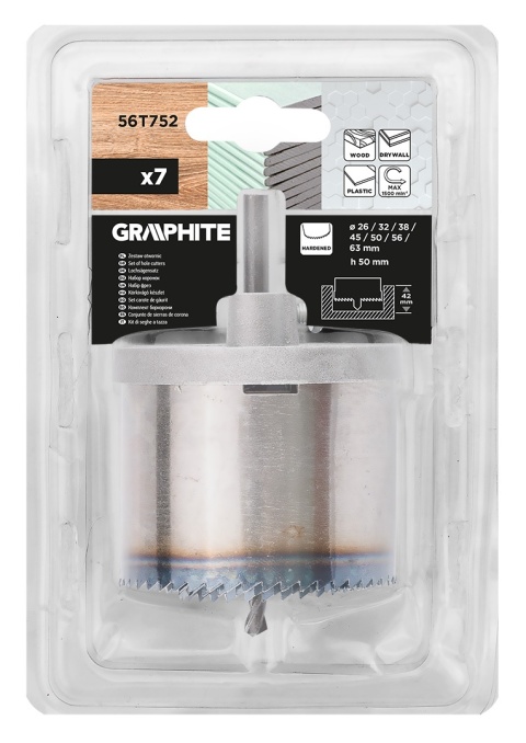 Otwornica do drewna 26 - 63 mm, h 50 mm zęby hartowane, zestaw 7 szt 56T752