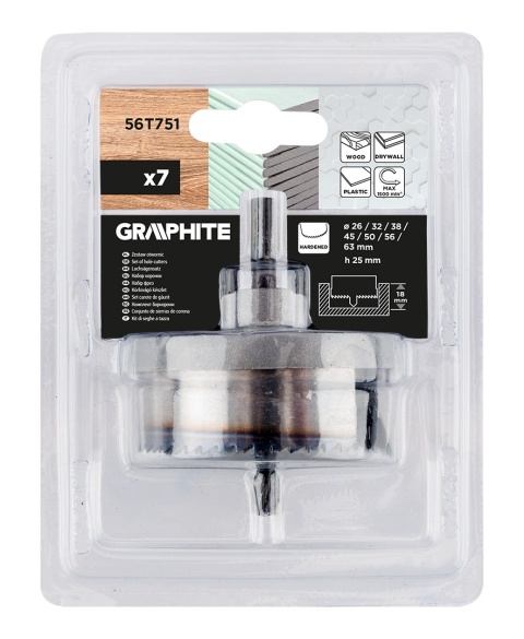 Otwornice do drewna 26 - 63 mm, h 25 mm zęby hartowane, zestaw 7 szt 56T751