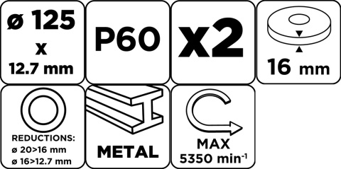 Tarcze szlifierskie 125 x 20/16/12. 7 x 16 mm, p60, 2 szt 57T127