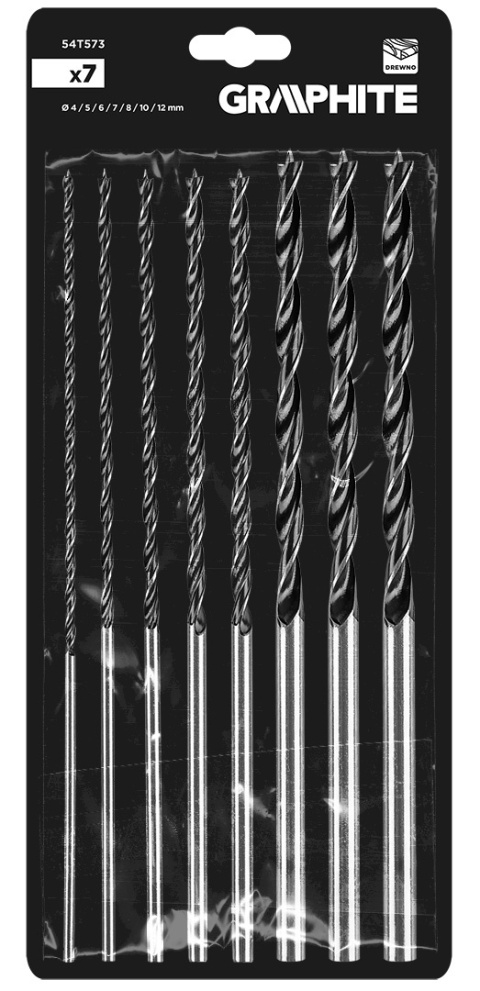 Zestaw wierteł do drewna, przedłużanych: 4, 5, 6, 7, 8, 10, 12 mm x 300 mm, 7 sztuk 54T573