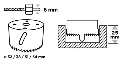 Otwornice z adapterem, 32-54 mm, zestaw 6 szt 56T722
