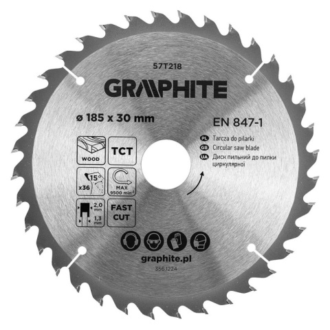 Tarcza do piły pilarki widiowa 185 x 30 mm 36 zębów do drewna MDF 57T218 GRAPHITE