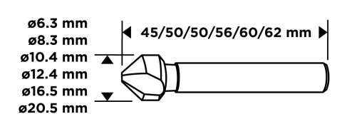 Wiertła fazujące stożkowe pogłębiacze tin, 6. 3 - 20. 5 mm, zestaw 6 szt 54T427