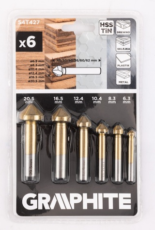 Wiertła fazujące stożkowe pogłębiacze tin, 6. 3 - 20. 5 mm, zestaw 6 szt 54T427