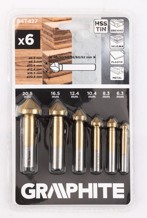 Wiertła fazujące stożkowe pogłębiacze tin, 6. 3 - 20. 5 mm, zestaw 6 szt 54T427