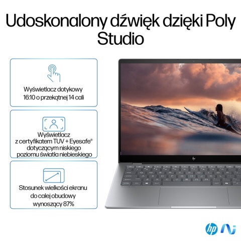 Dotykowy HP OmniBook X 14 2.2K IPS Snapdragon X Elite X1E-78-100 12-rdzeni 32GB LPDDR5x 1TB SSD NVMe Windows 11