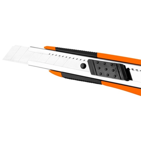 Nóż metalowy z ostrzem łamanym 18 mm gumowane wykończenie gumowany uchwyt ostrze segmentowe NEO TOOLS 63-060