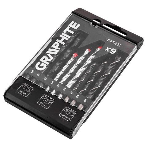 Zestaw 9 wierteł 5-6-8 mm do metalu drewna i cegły komplet uniwersalny GRAPHITE 54T431