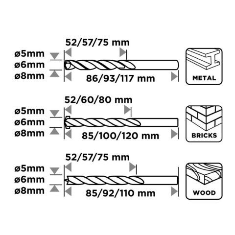Zestaw 9 wierteł 5-6-8 mm do metalu drewna i cegły komplet uniwersalny GRAPHITE 54T431