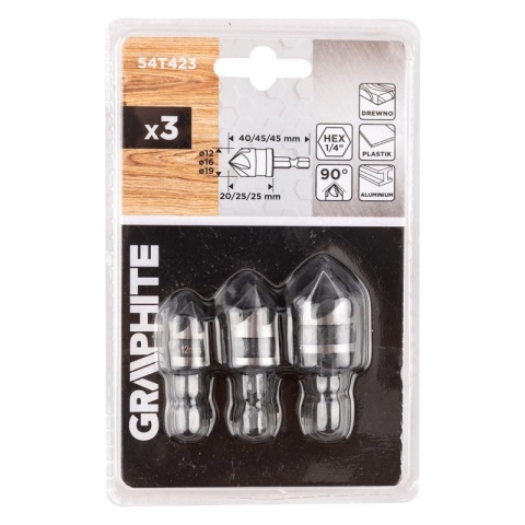 Zestaw fazowników pogłębiacz do drewna metalu Hex 12 16 19 mm 3sztuk GRAPHITE 54T423