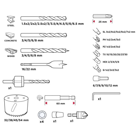 Zestaw wierteł i bitów nasadki 90 elementów do drewna betonu GRAPHITE 56H621