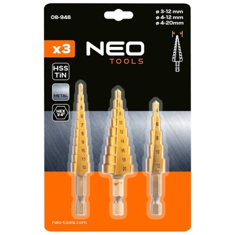 Zestaw wierteł stopniowych stopniowe stożkowe HSS TiN 3-20mm HEX 3 szttuki NEO TOOLS 08-948