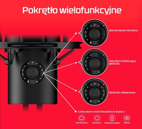 Mikrofon HyperX QuadCast 2 USB, podświetlenie na czerwono, streaming, gaming, podcasty, 872V1AA