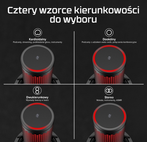 Mikrofon HyperX QuadCast 2 USB, podświetlenie na czerwono, streaming, gaming, podcasty, 872V1AA