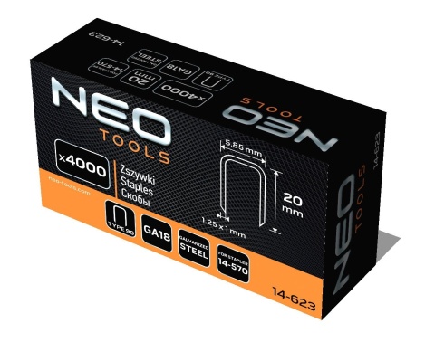 ZSZYWKI GALWANIZOWANE DO ZSZYWACZA PNEUMATYCZNEGO GA18 TYP 90 DŁUGOŚĆ 20 MM 4000 szt 14-623 NEO TOOLS