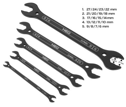 KLUCZE PŁASKIE DWUSTRONNE SUPERCIENKIE, 4 W 1, 6 - 27 MM ZESTAW 5 SZTUK