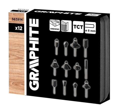 Frezy do drewna widiowe trzpień 8 mm zestaw 12 sztuk frezów GRAPHITE 56T614