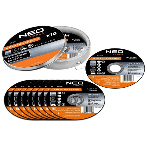 Tarcza tnąca do metalu INOX 115 x 1.0 x 22.2mm 41 A60-R-BF 10 sztuk NEO TOOLS 55-570