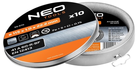 Tarcza tnąca do metalu INOX 115 x 1.0 x 22.2mm 41 A60-R-BF 10 sztuk NEO TOOLS 55-570