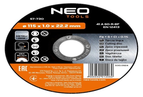 Tarcza tnąca do metalu INOX 115 x 1.0 x 22.2mm 41 A60-R-BF 10 sztuk NEO TOOLS 55-570