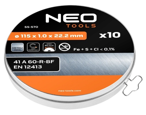 Tarcza tnąca do metalu INOX 115 x 1.0 x 22.2mm 41 A60-R-BF 10 sztuk NEO TOOLS 55-570