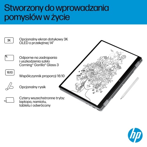 Dotykowy HP OmniBook X Flip 14 Next Gen AI 3K OLED 120Hz AMD Ryzen AI 7 350 8-rdzeni 24GB LPDDR5x 1TB SSD NVMe Win11 Active Pen