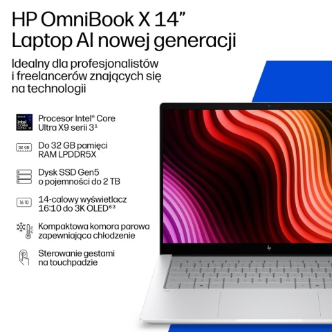 HP OmniBook X Next Gen AI 14 2K OLED Intel Core Ultra 9 386H 16-rdzeni 32GB LPDDR5x 1TB SSD NVMe Windows 11 +zasilacz
