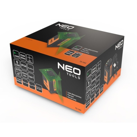 Laser krzyżowy płaszczyznowy 360 zielony 20m 5 linii magnetyczny uchwyt NEO TOOLS 75-144
