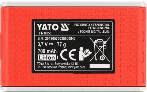 POZIOMNICA ELEKTRONICZNA KIESZONKOWA MAGNETYCZNA AKUMULATOR USB-C YATO YT-30355