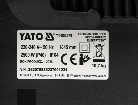 ROZDRABNIACZ DO GAŁĘZI ELEKTRYCZNY 2500 W ŚREDNICA CIĘCIA 45 MM 50 L SK5 YATO YT-852370