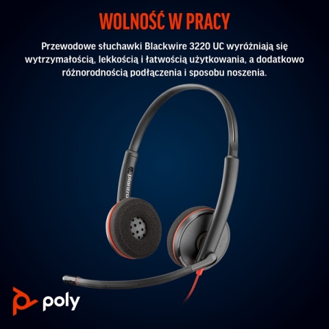 Słuchawki przewodowe HP Poly Blackwire 3220 USB-C USB-A Stereo ANC redukcja szumu 8X228A6 8X228AA foliopak