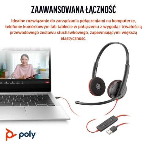Słuchawki przewodowe HP Poly Blackwire 3220 USB-C USB-A Stereo ANC redukcja szumu 8X228A6 8X228AA foliopak