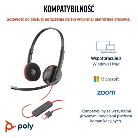 Słuchawki przewodowe HP Poly Blackwire 3220 USB-C USB-A Stereo ANC redukcja szumu 8X228A6 8X228AA foliopak