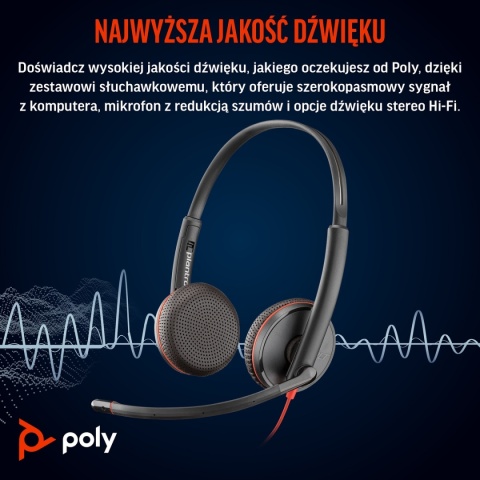 Słuchawki przewodowe HP Poly Blackwire 3225 USB-C USB-A audio jack 3.5mm Stereo ANC redukcja szumu 8X229AA