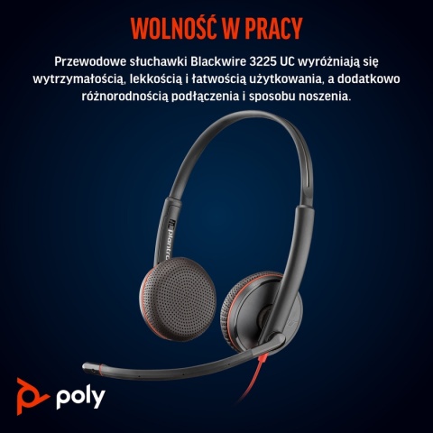 Słuchawki przewodowe HP Poly Blackwire 3225 USB-C USB-A audio jack 3.5mm Stereo ANC redukcja szumu 8X229AA