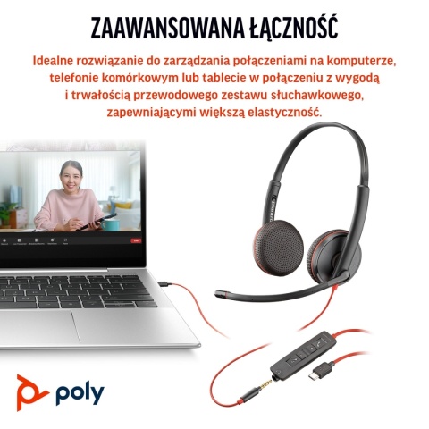 Słuchawki przewodowe HP Poly Blackwire 3225 USB-C USB-A audio jack 3.5mm Stereo ANC redukcja szumu 8X229AA