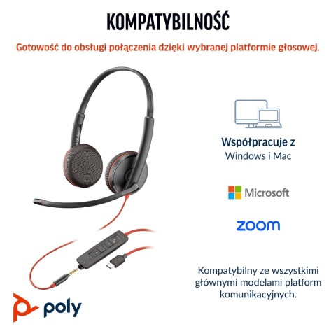 Słuchawki przewodowe HP Poly Blackwire 3225 USB-C USB-A audio jack 3.5mm Stereo ANC redukcja szumu 8X229AA