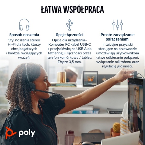 Słuchawki przewodowe HP Poly Blackwire 3225 USB-C USB-A audio jack 3.5mm Stereo ANC redukcja szumu 8X229AA