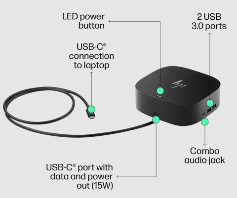 Stacja dokująca HP USB-C Dock G5 5TW10AA, 4x USB 3.0, 2x DisplayPort, HDMI 2.0, RJ-45, audio jack, USB Type-C PD 100W