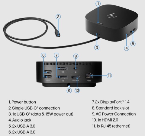 Stacja dokująca HP USB-C Dock G5 5TW10AA, 4x USB 3.0, 2x DisplayPort, HDMI 2.0, RJ-45, audio jack, USB Type-C PD 100W